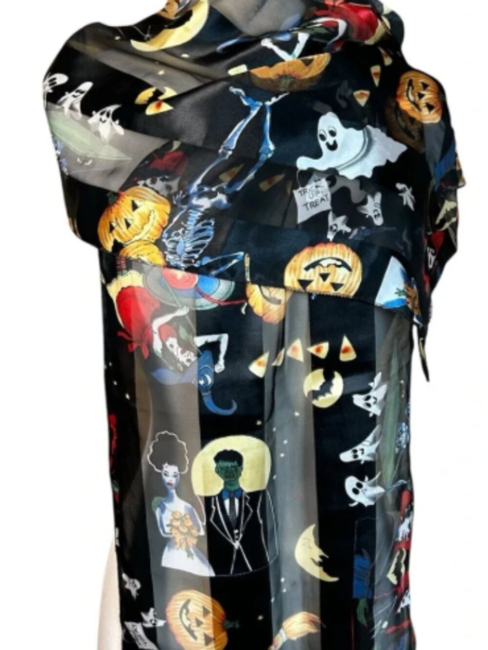 Whimsical Halloween Scarf featuring Sheer Stripe Pattern w/ Halloween Characters